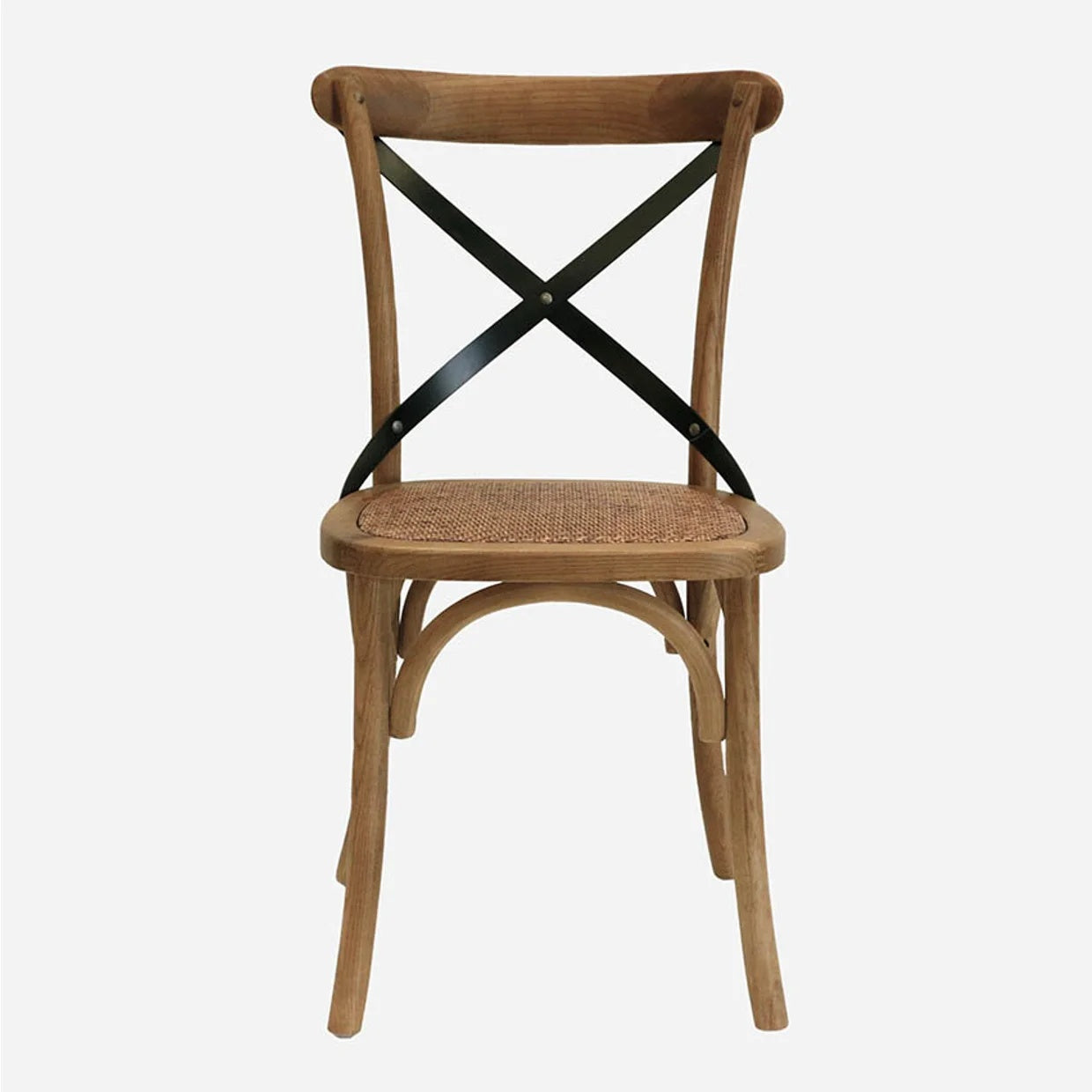 Vienna Chair made of Elm wood with a metal cross back and natural rattan seat. Suitable for dining or office space at Cerise