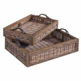 Wood rattan and leather vintage serving tray