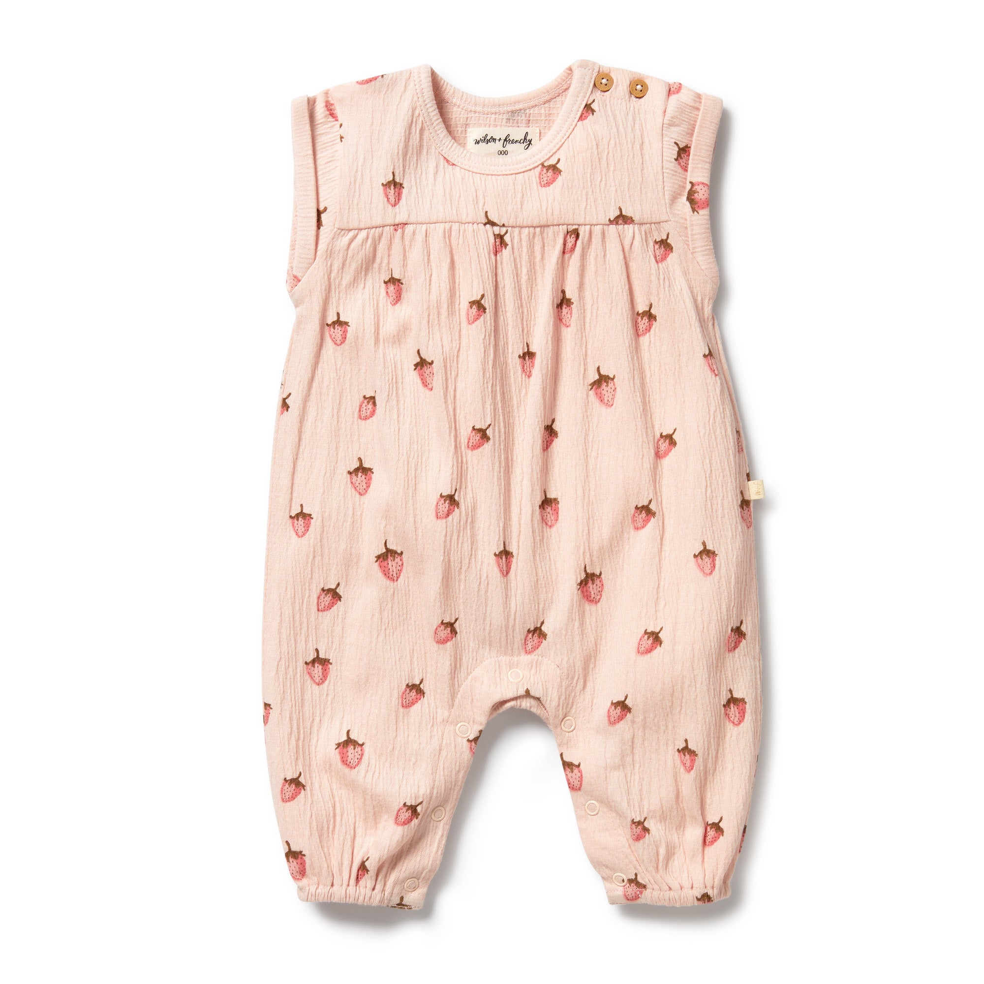 Soft pink with strawberry print all in one grow suit with short sleeves - front view