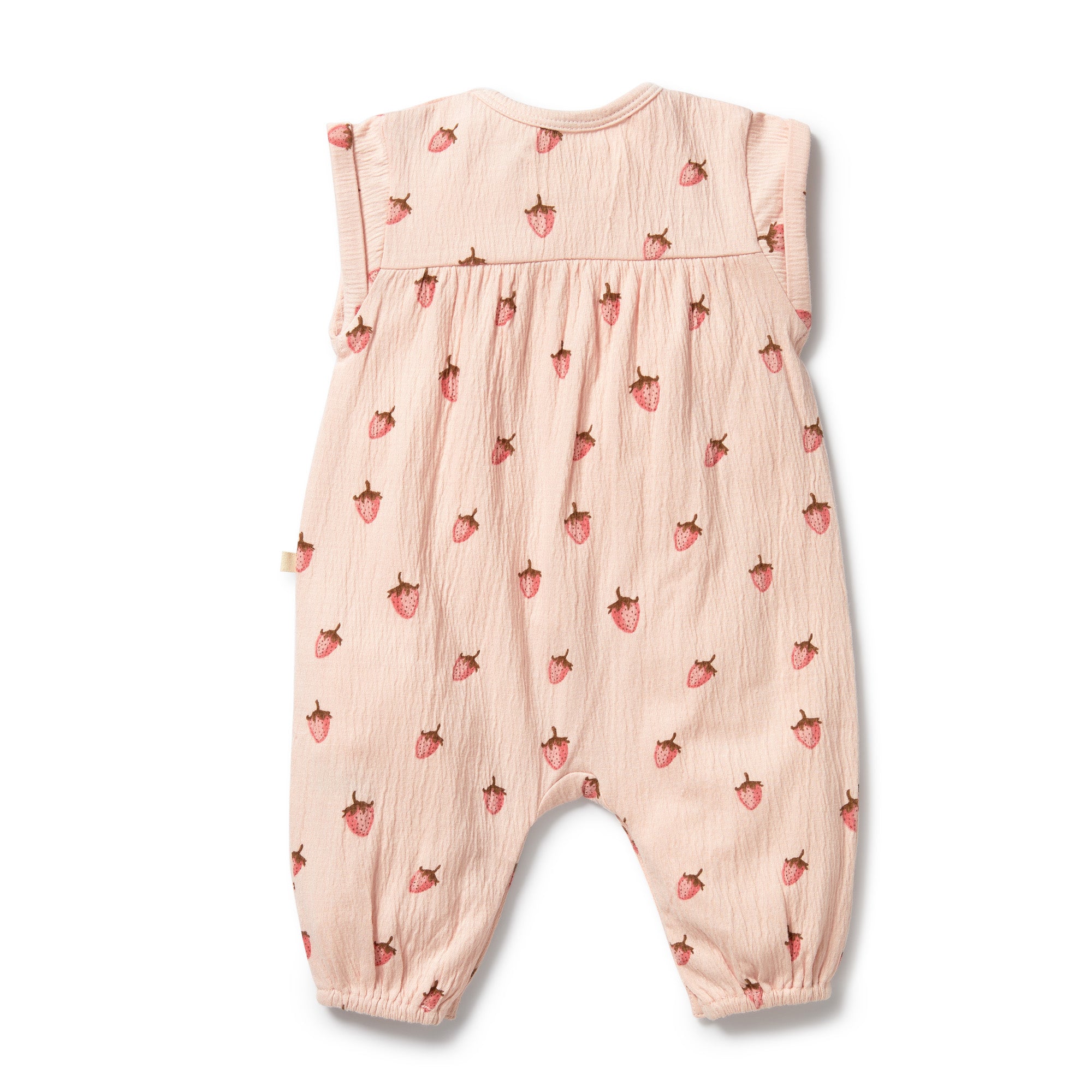 Soft pink with strawberry print all in one grow suit with short sleeves - Back view