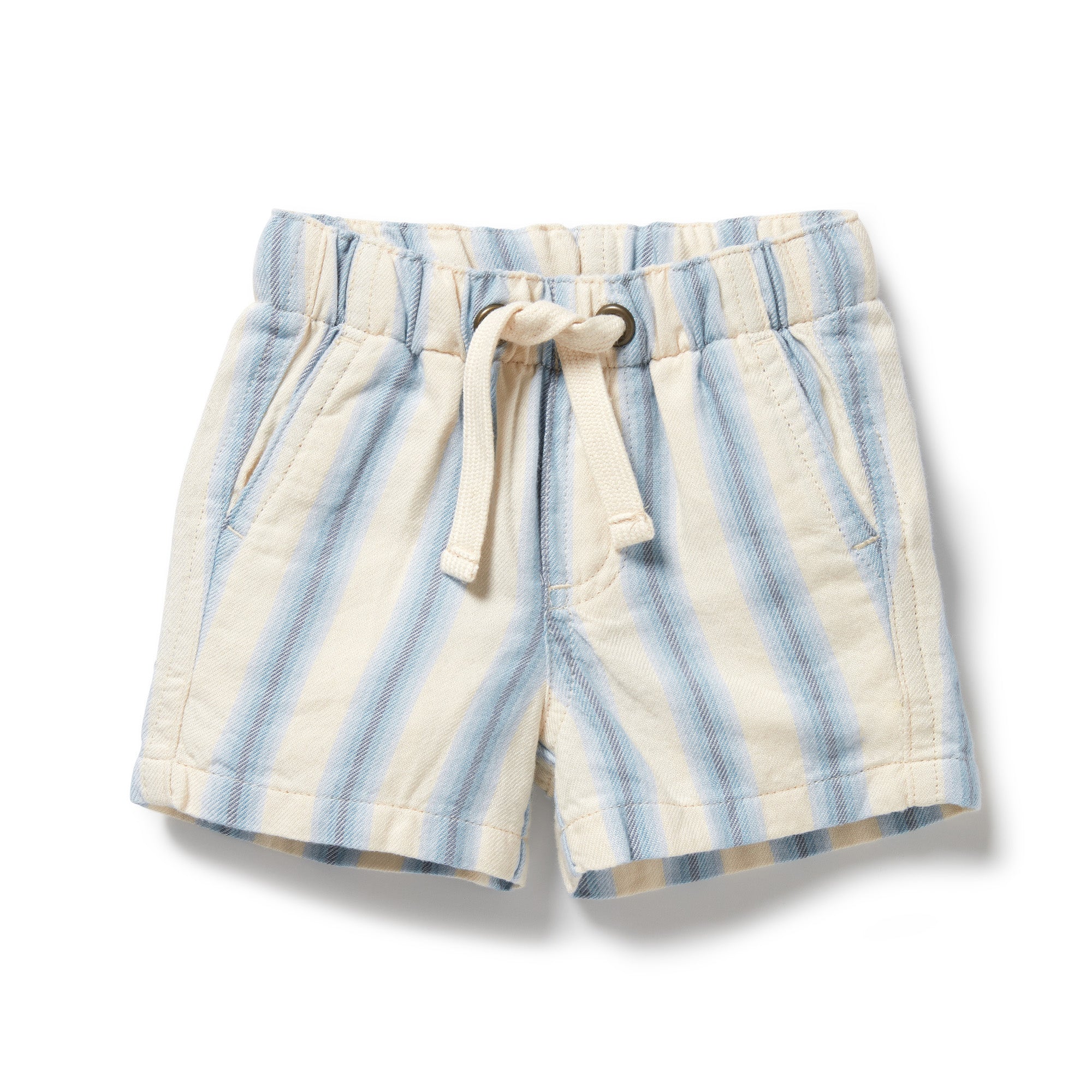 Blue and natural striped shorts with a drawstring waist