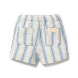 Blue and natural striped shorts with a drawstring waist