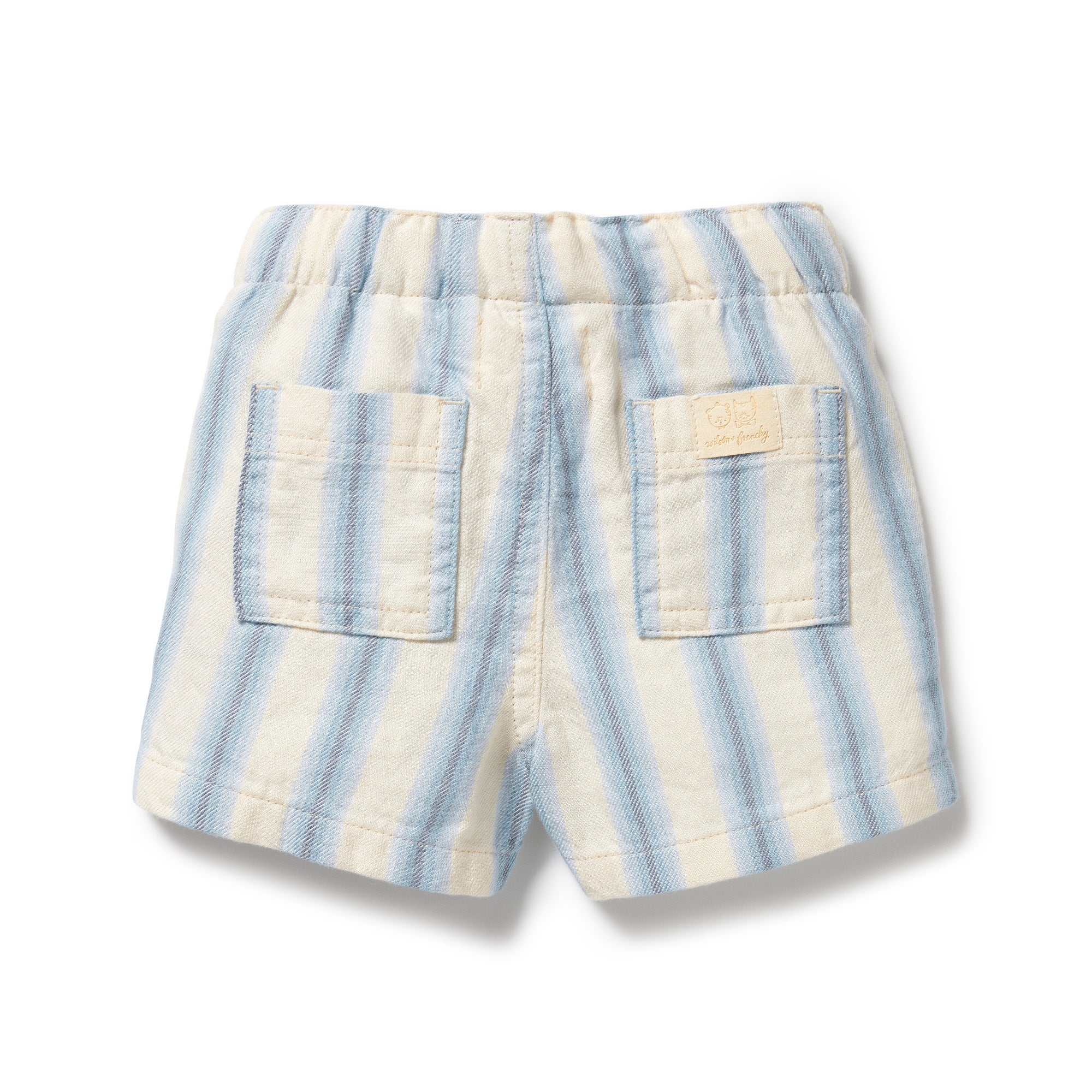 Blue and natural striped shorts with a drawstring waist