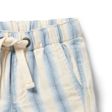 Blue and natural striped shorts with a drawstring waist