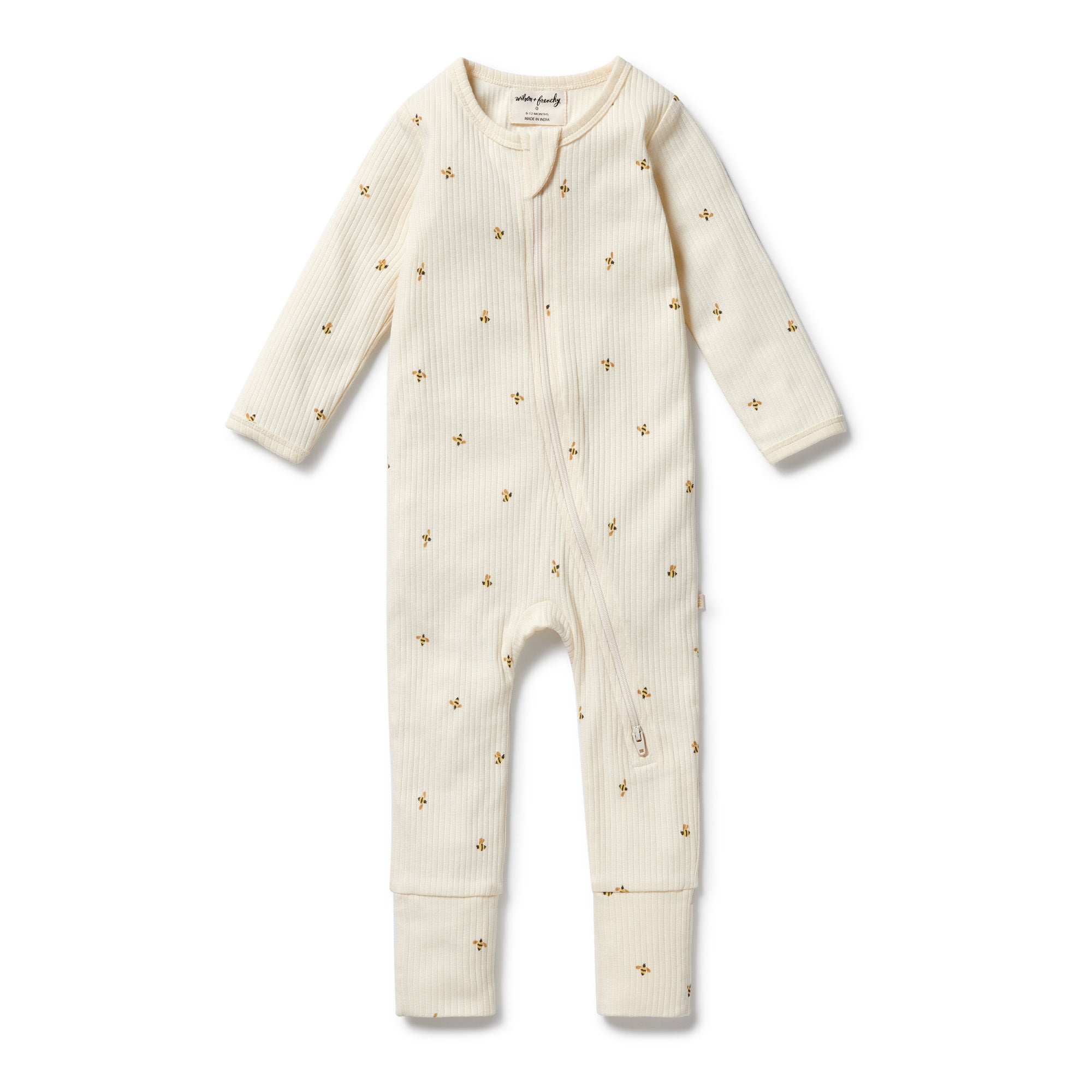 Baby onesie with bee pattern on a white background