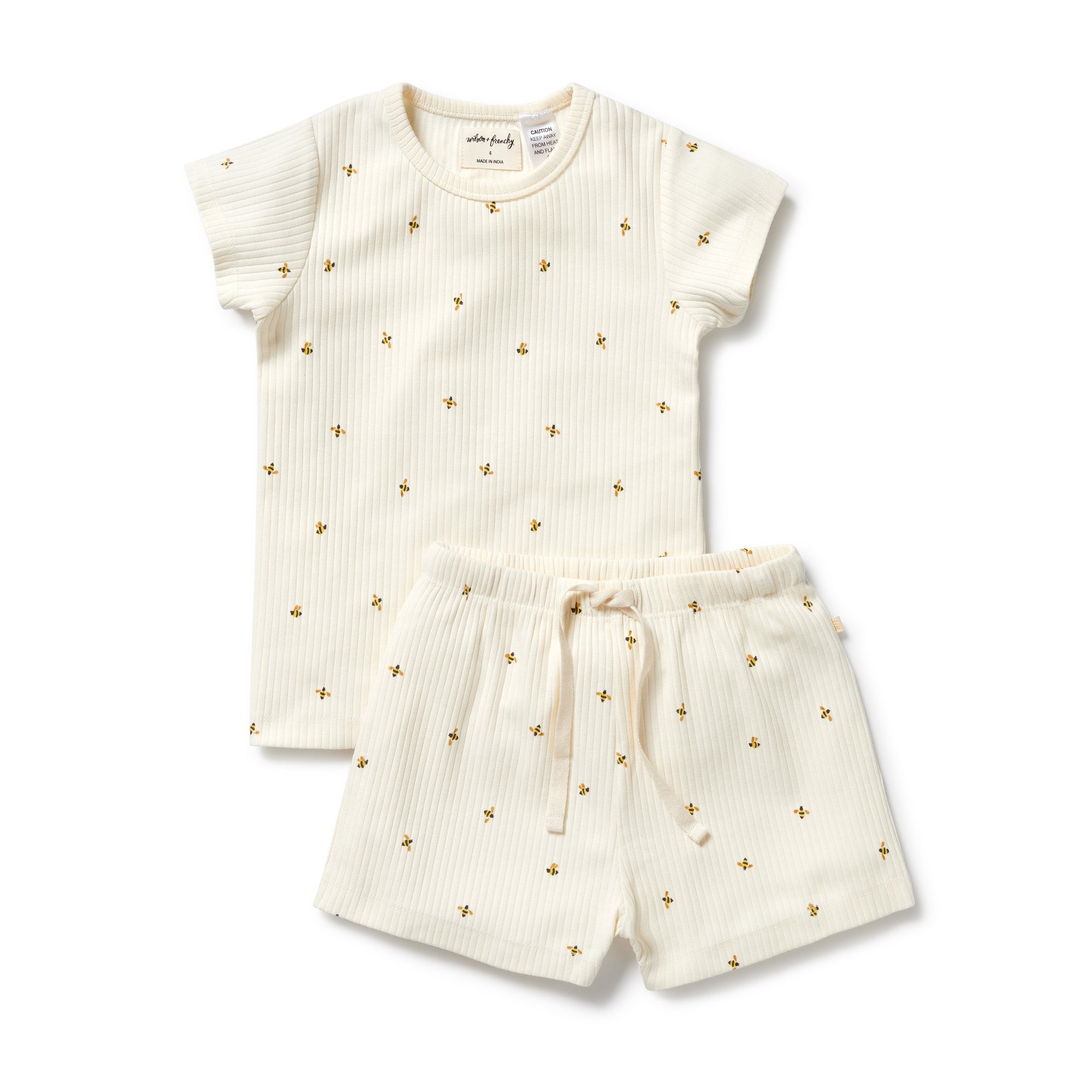 Short sleeved pyjamas with bee print on natural coloured cotton