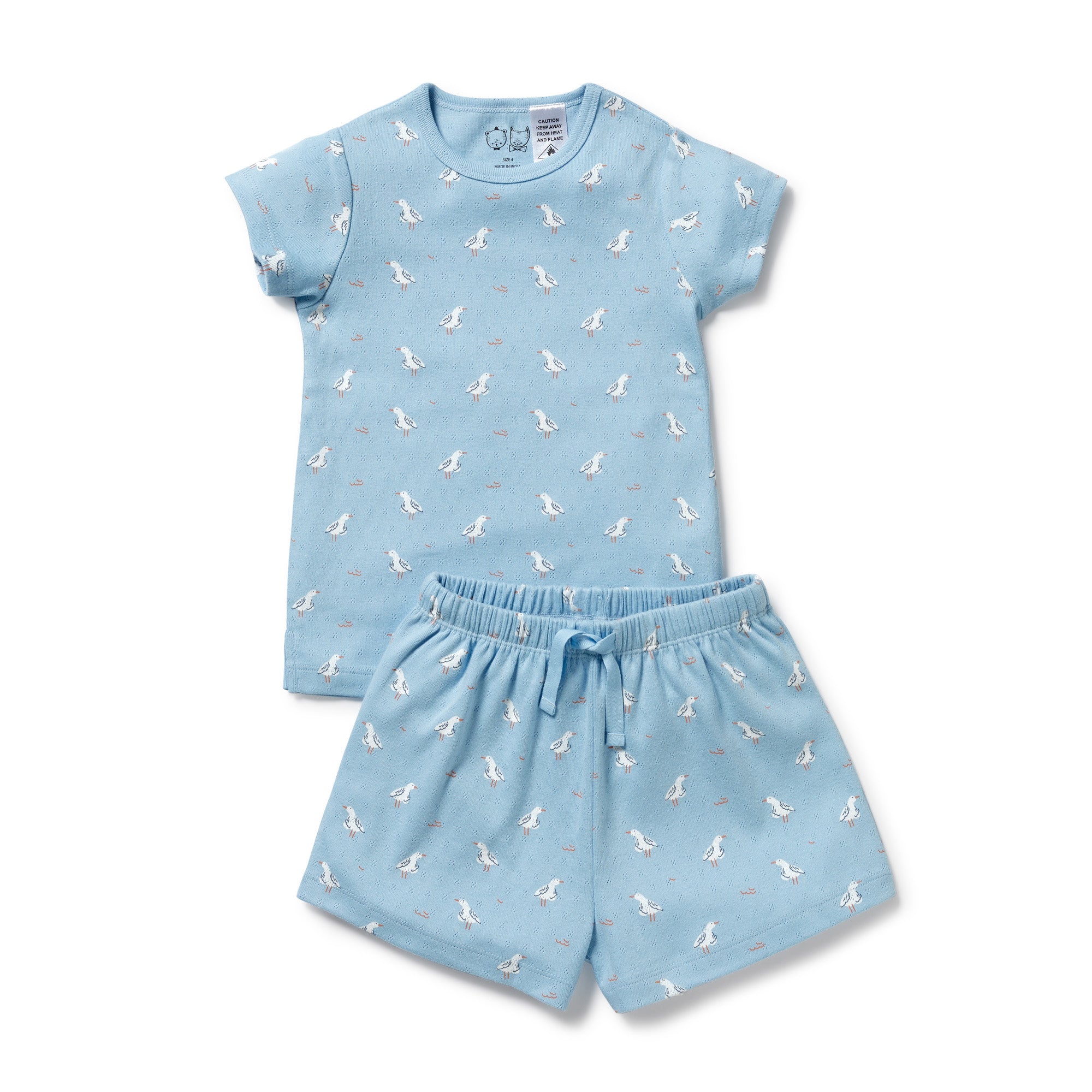 Children's short sleeve  blue pajama set with white seagull patterns background
