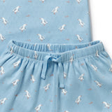 Light blue whit white seagulls close up of pyjama pant elastic waist