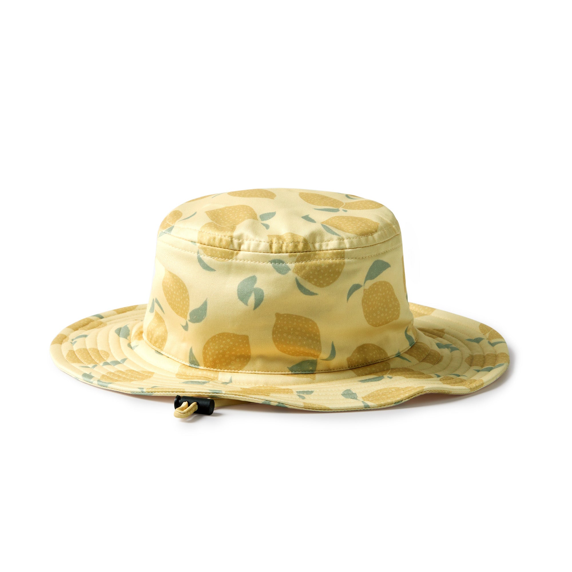 Yellow swim hat with lemon pattern on a white background