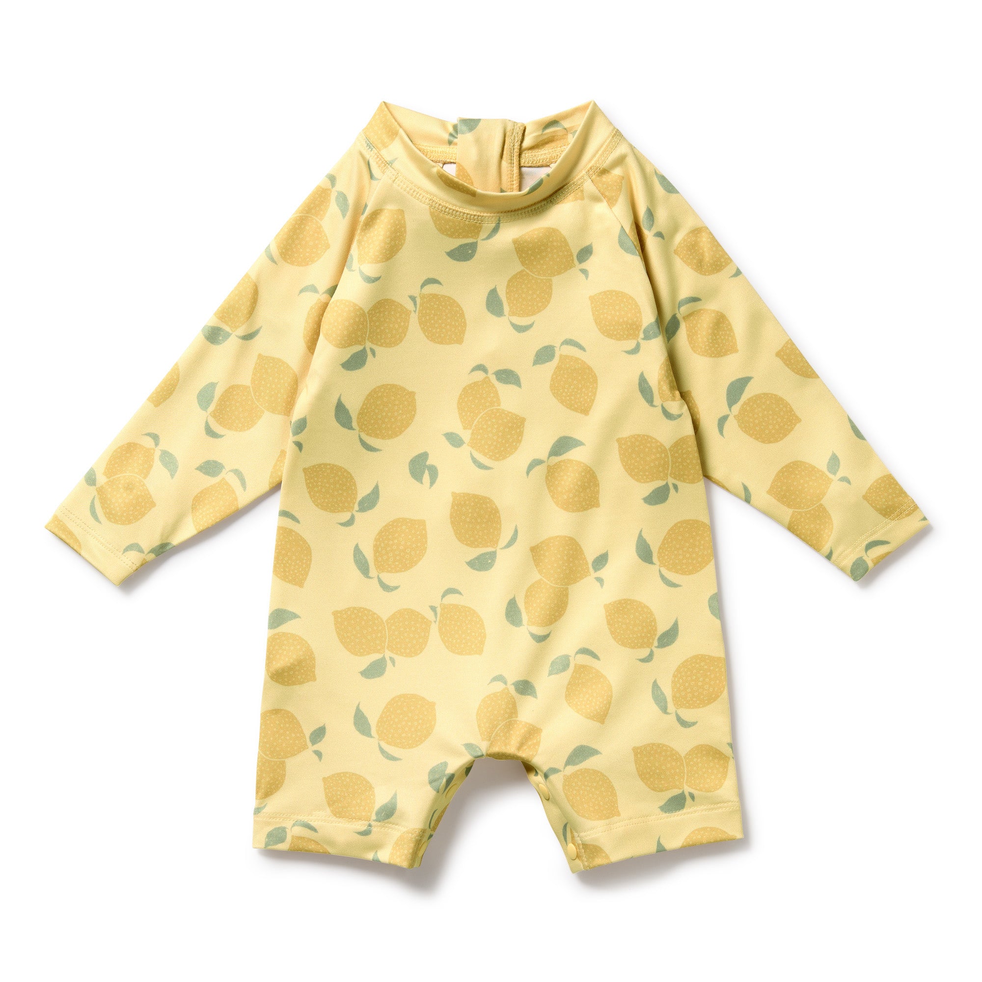 Yellow children's swimsuit with lemon pattern on a white background