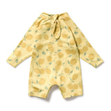Yellow boy leg swimsuit with lemon pattern back view