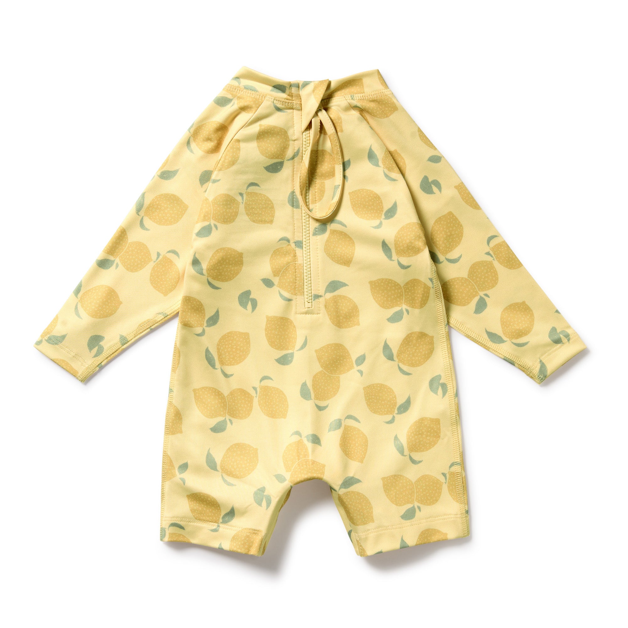 Yellow boy leg swimsuit with lemon pattern back view