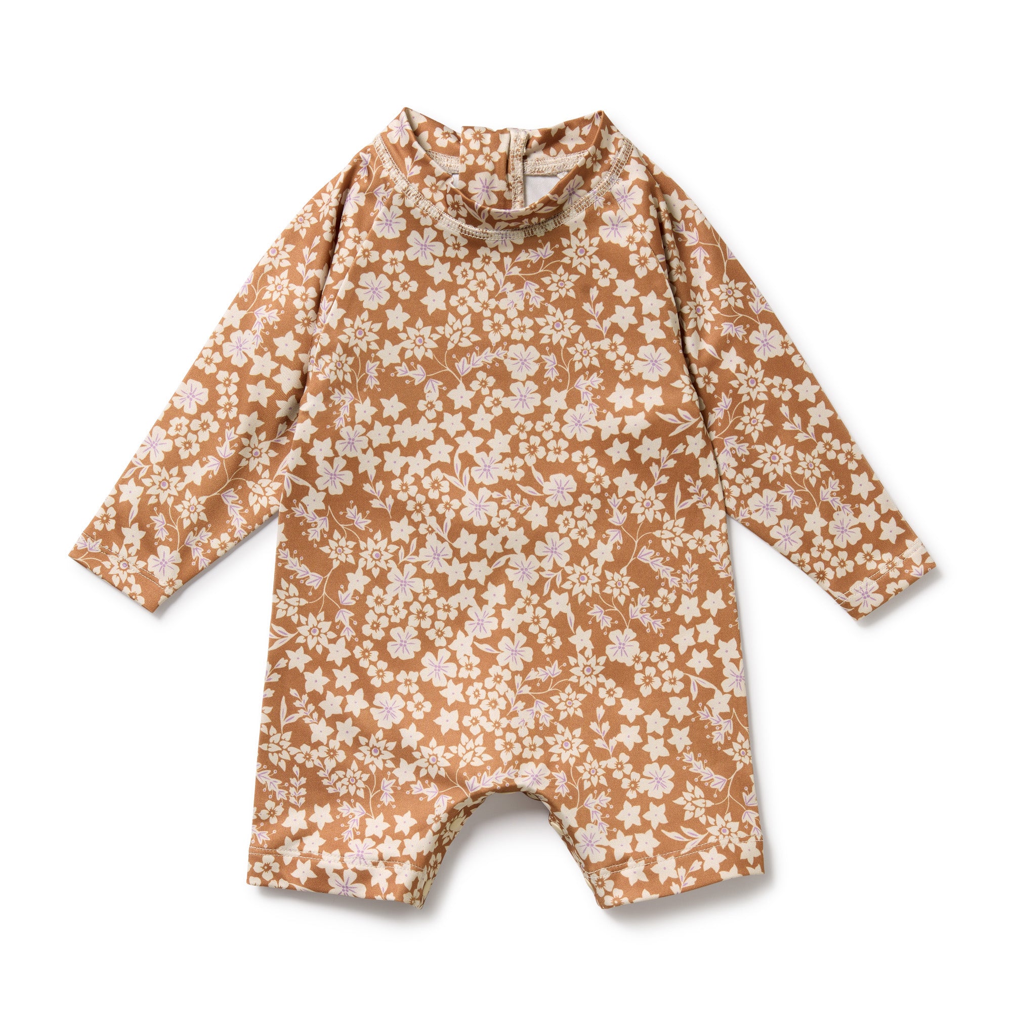 Boyleg swimsuit in floral patttern on brown background - front view