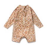 Floral patterned on brown background boyleg swimsuit - back view