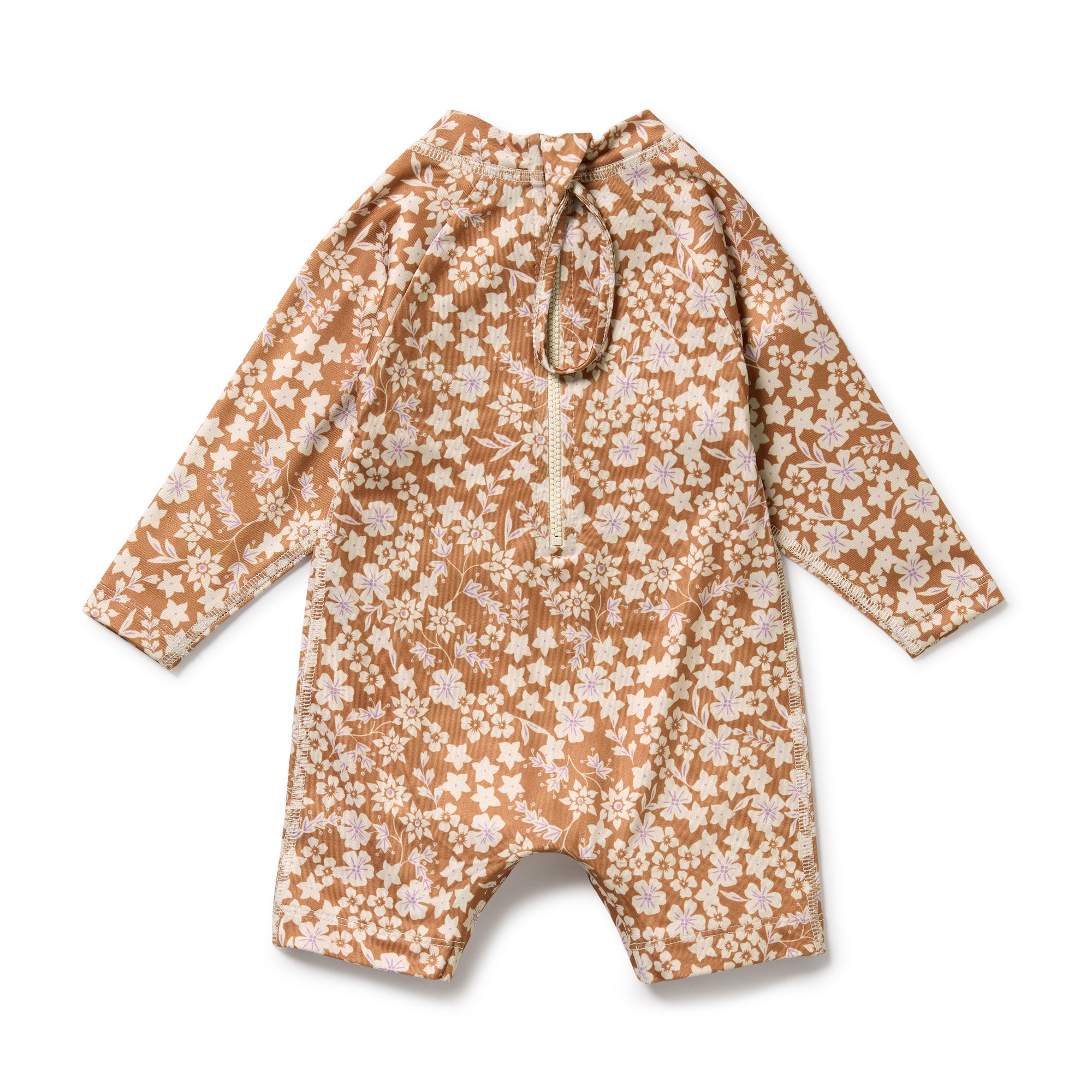 Floral patterned on brown background boyleg swimsuit - back view