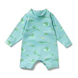 Font side of Children's boyleg  swimsuit with alligator pattern on a light blue background