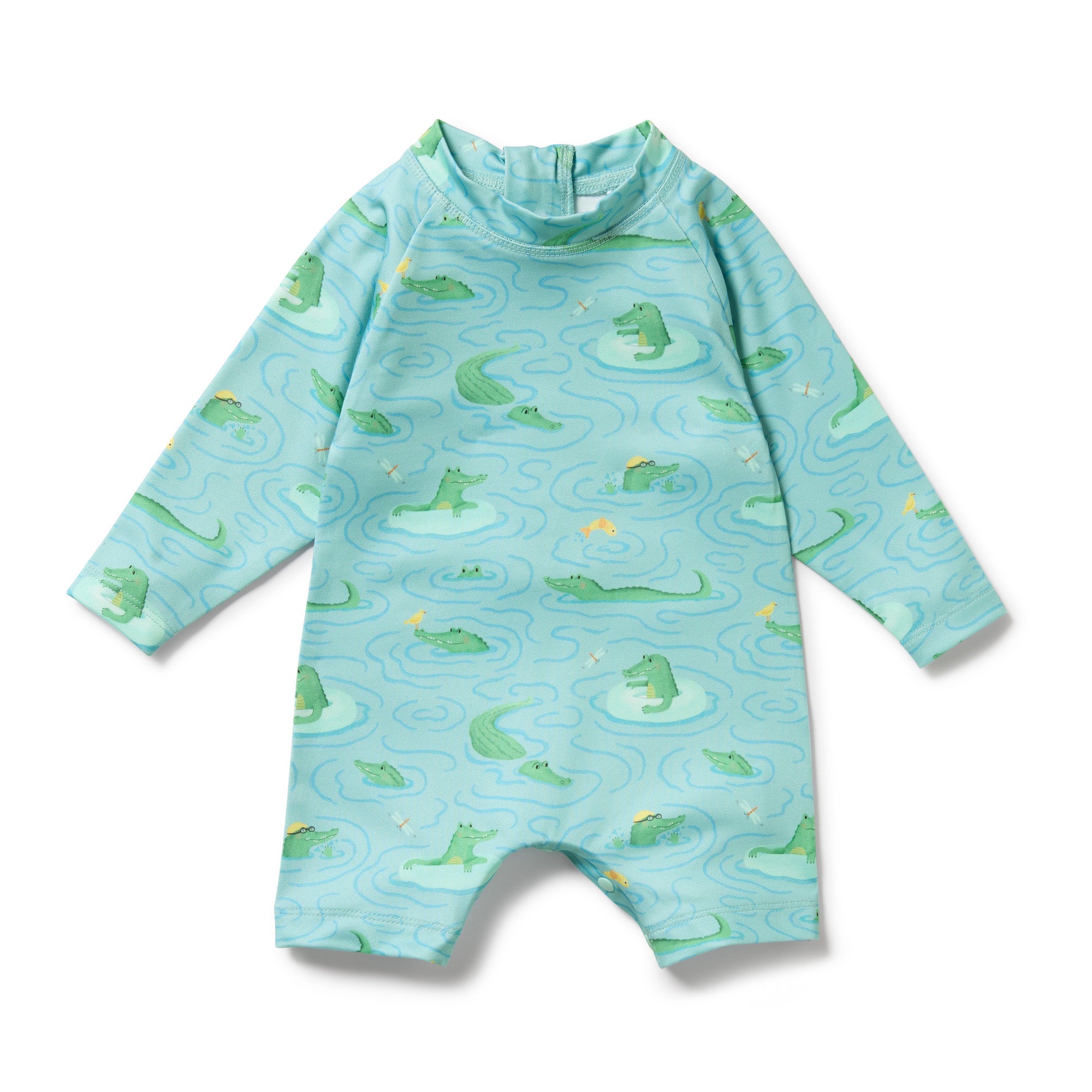 Font side of Children's boyleg  swimsuit with alligator pattern on a light blue background