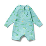 Back side of childrens boyleg swimsuit showing pull zip.