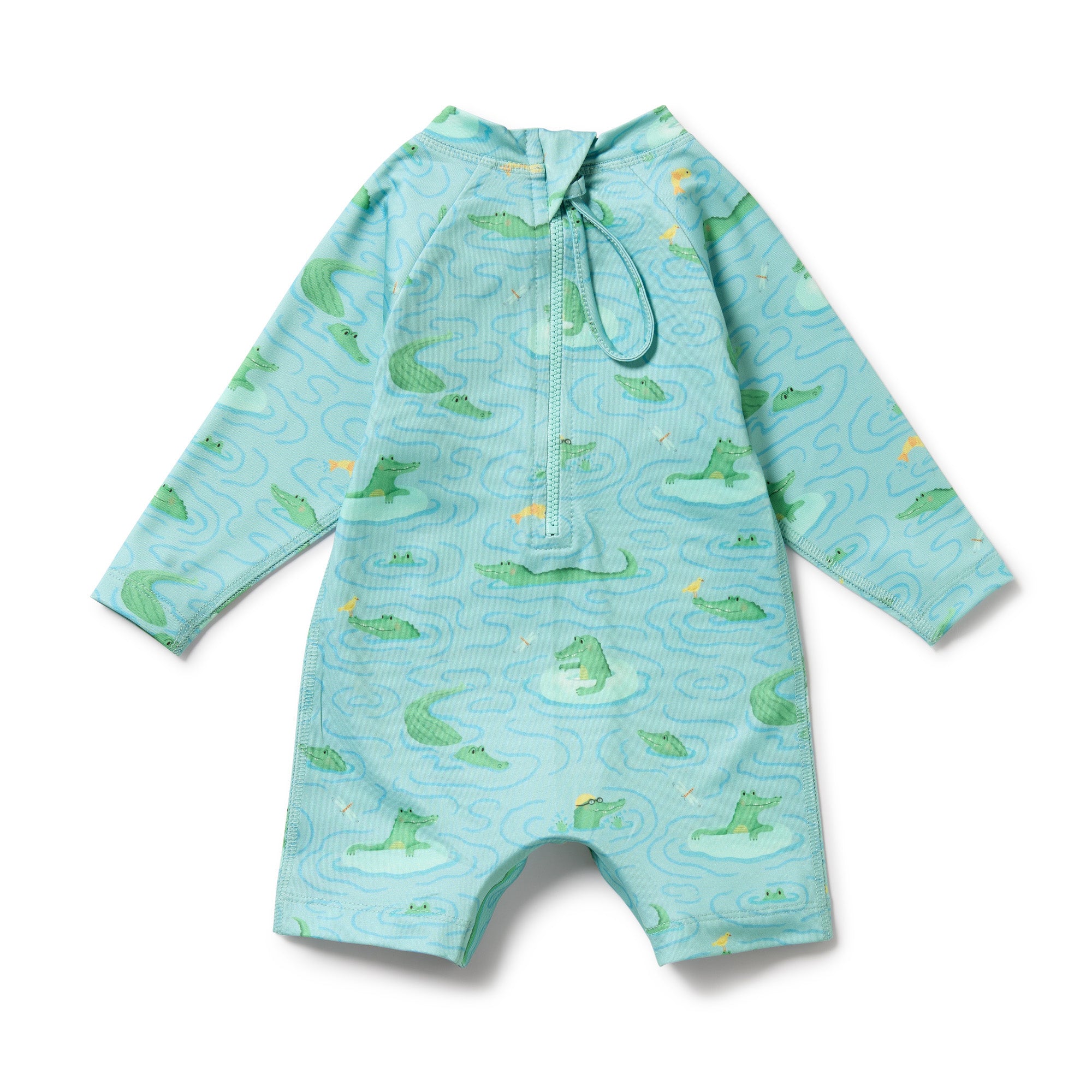Back side of childrens boyleg swimsuit showing pull zip.