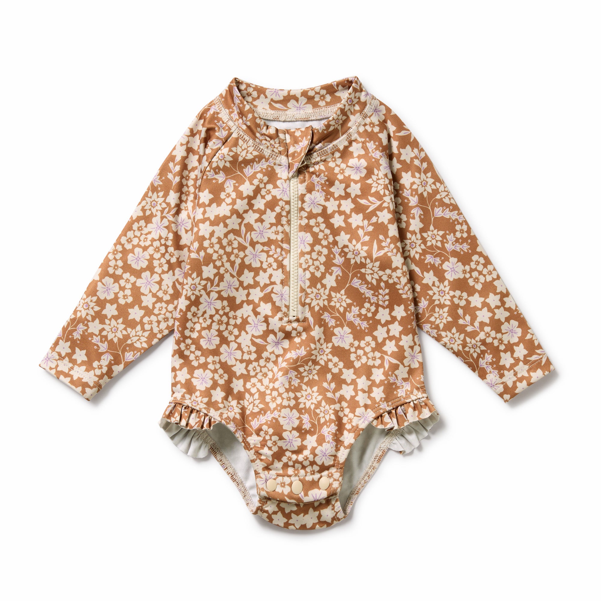 Floral pattern on brown background long sleeved swimsuit or girls