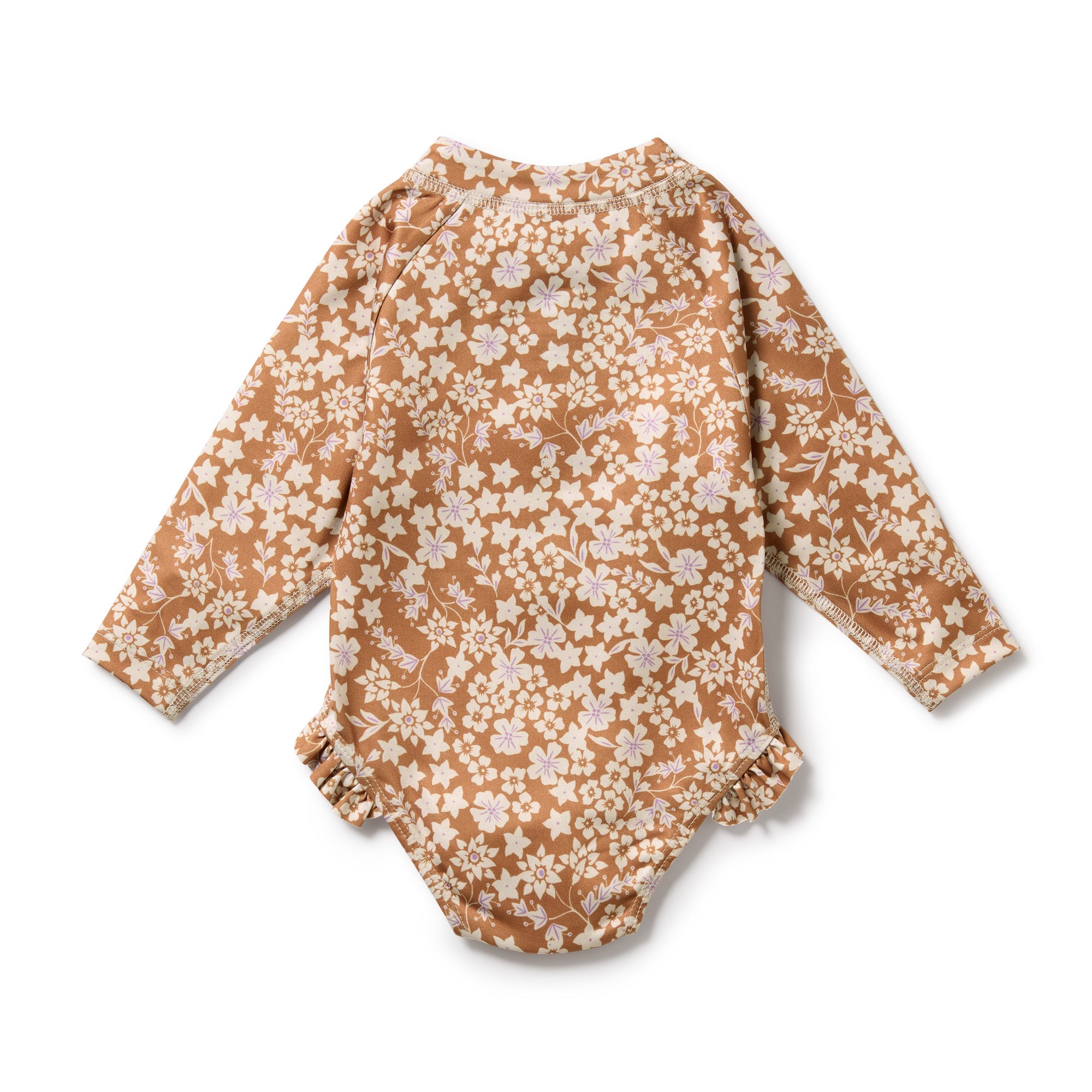Floral pattern on brown background long sleeved swimsuit or girls - back view