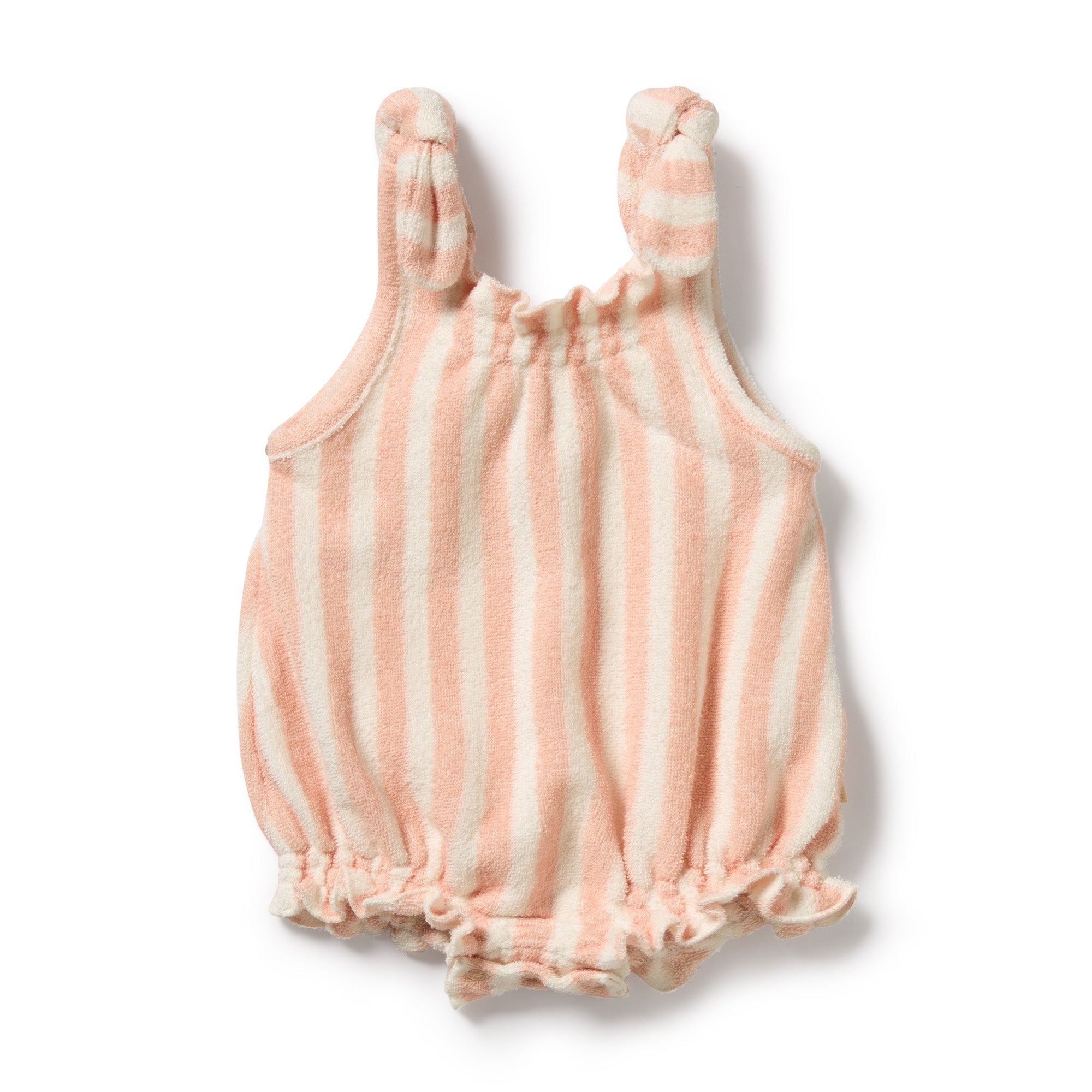 Soft strawberry colour and white stripes playsuit with tie straps and shirred legs - front view