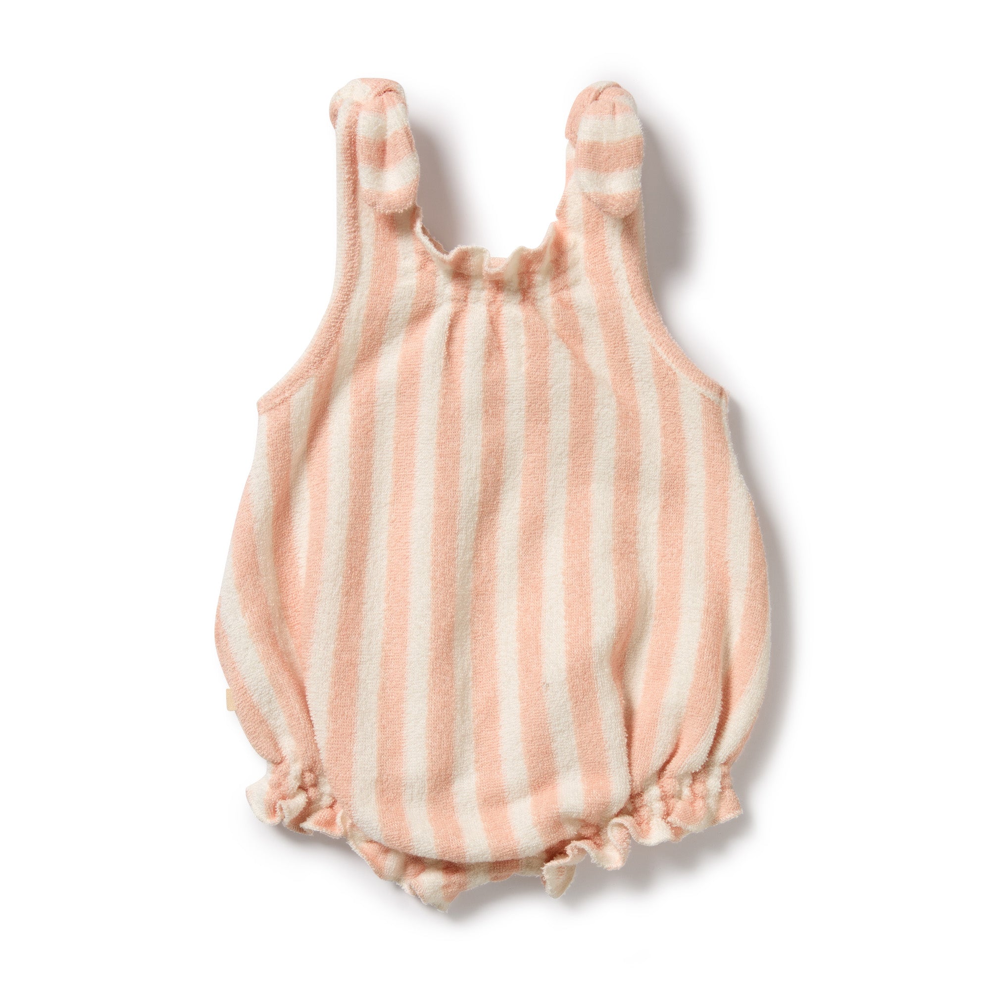 Soft strawberry colour and white stripes playsuit with tie straps and shirred legs - back view