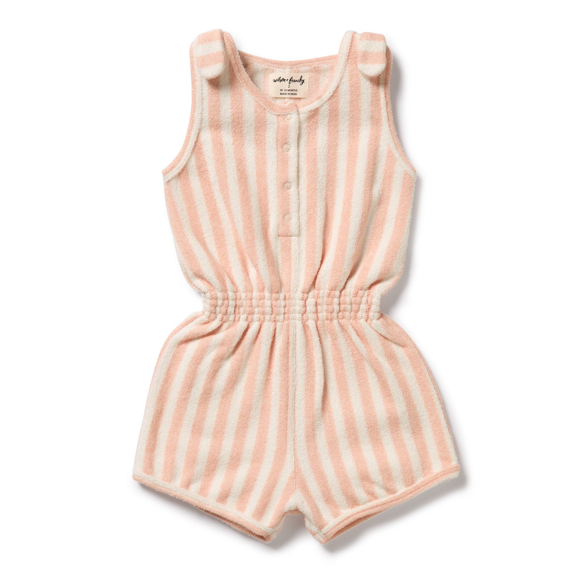 Strawberyy and white coloured girls playsuit with tie shoulder straps and snap crotch opening - Front view