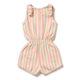 Strawberry and white coloured girls playsuit with tie shoulder straps and snap crotch opening - Back view