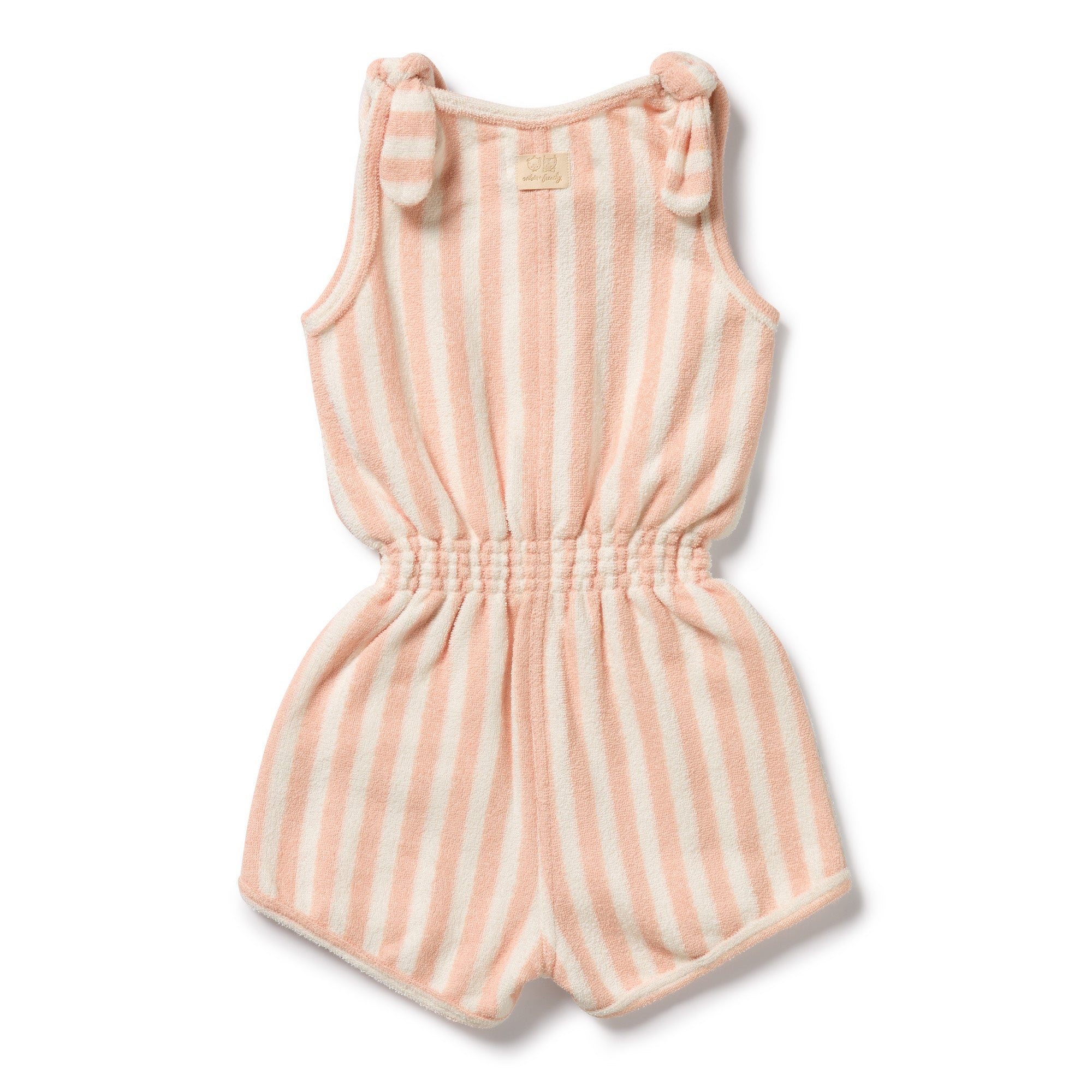 Strawberry and white coloured girls playsuit with tie shoulder straps and snap crotch opening - Back view