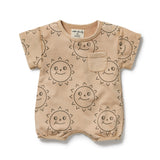 Baby grow suit in caramel colour with brown sun faces. dome crotch and short sleeves with front feature pocket
