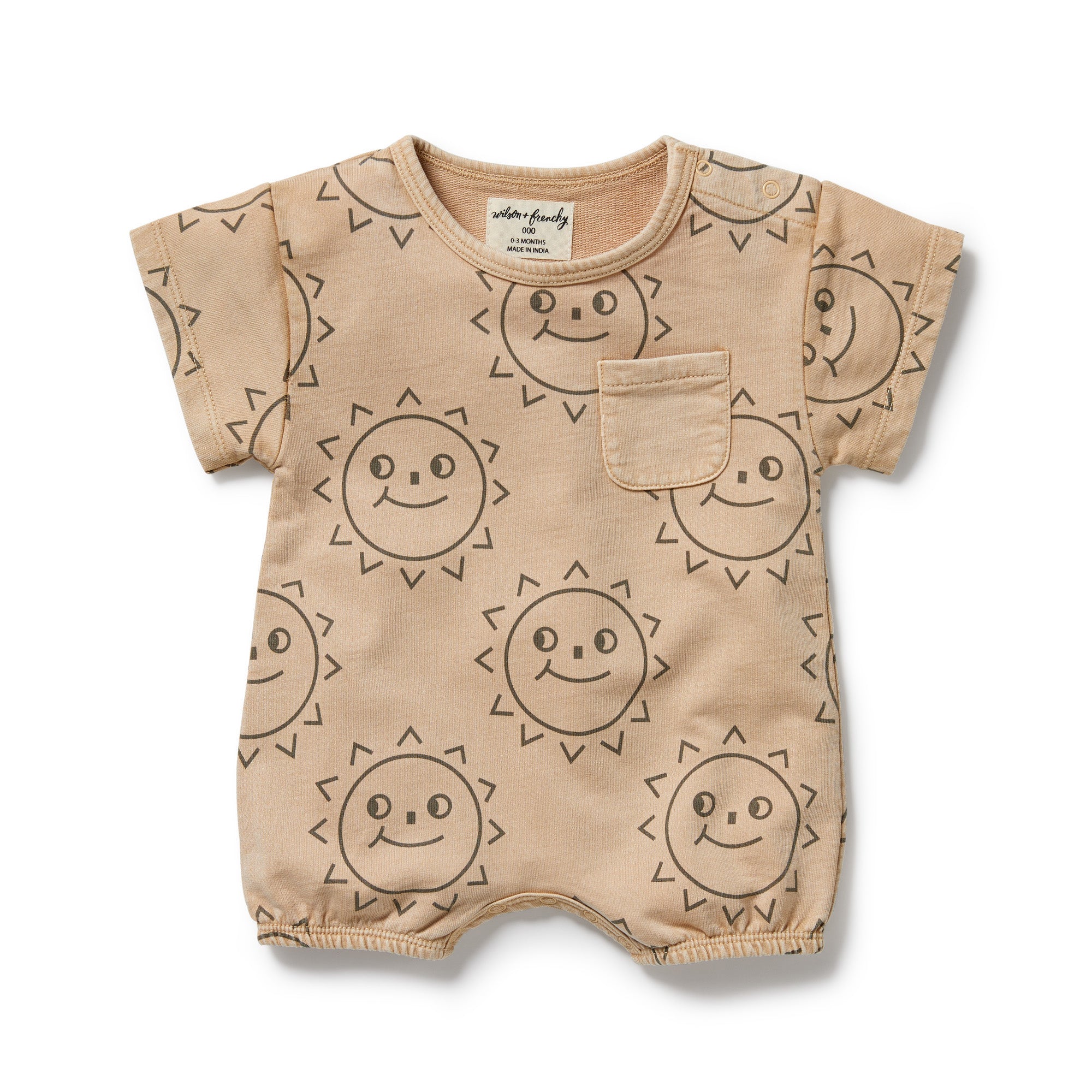 Baby grow suit in caramel colour with brown sun faces. dome crotch and short sleeves with front feature pocket