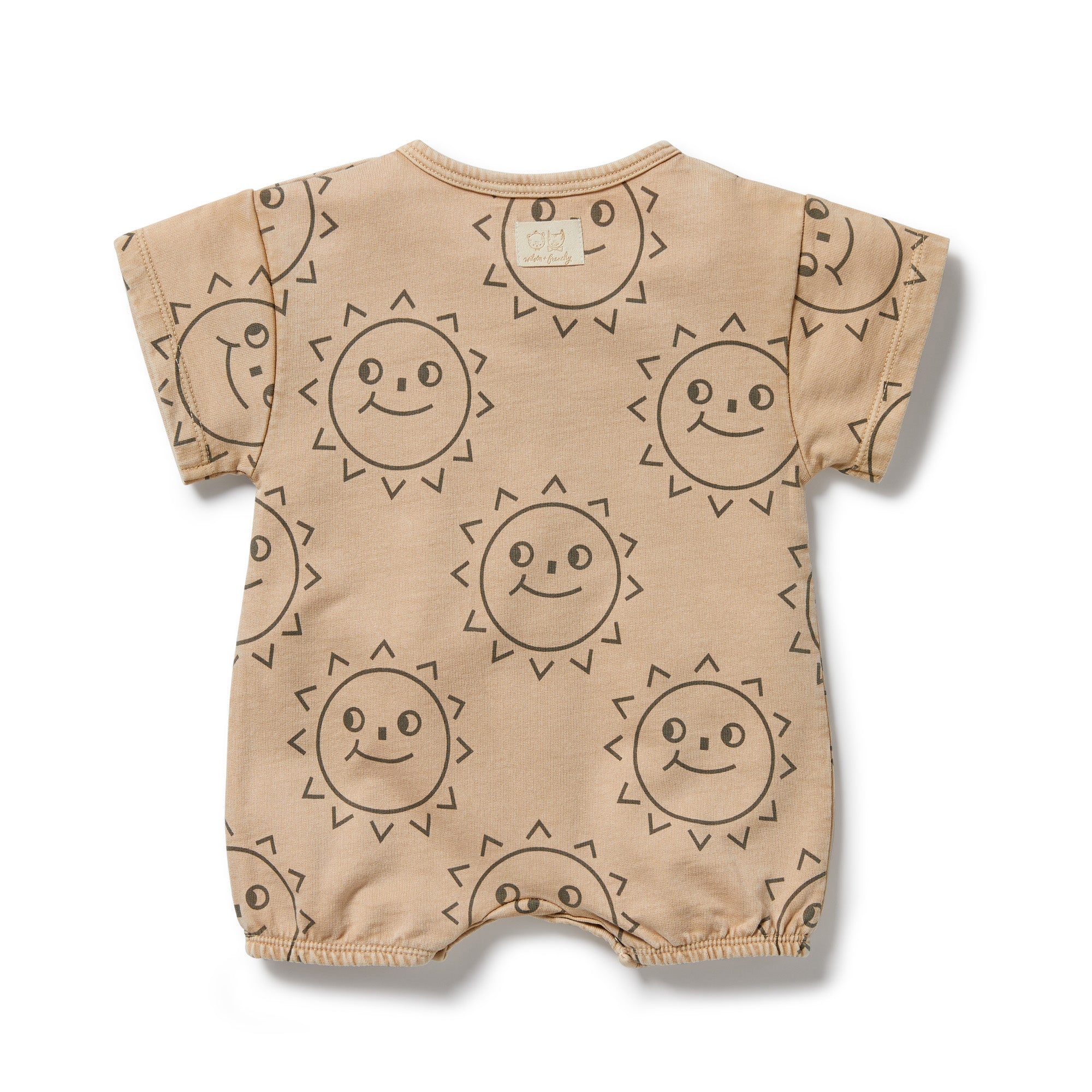 Baby grow suit in caramel colour with brown sun faces. dome crotch and short sleeves with front feature pocket
