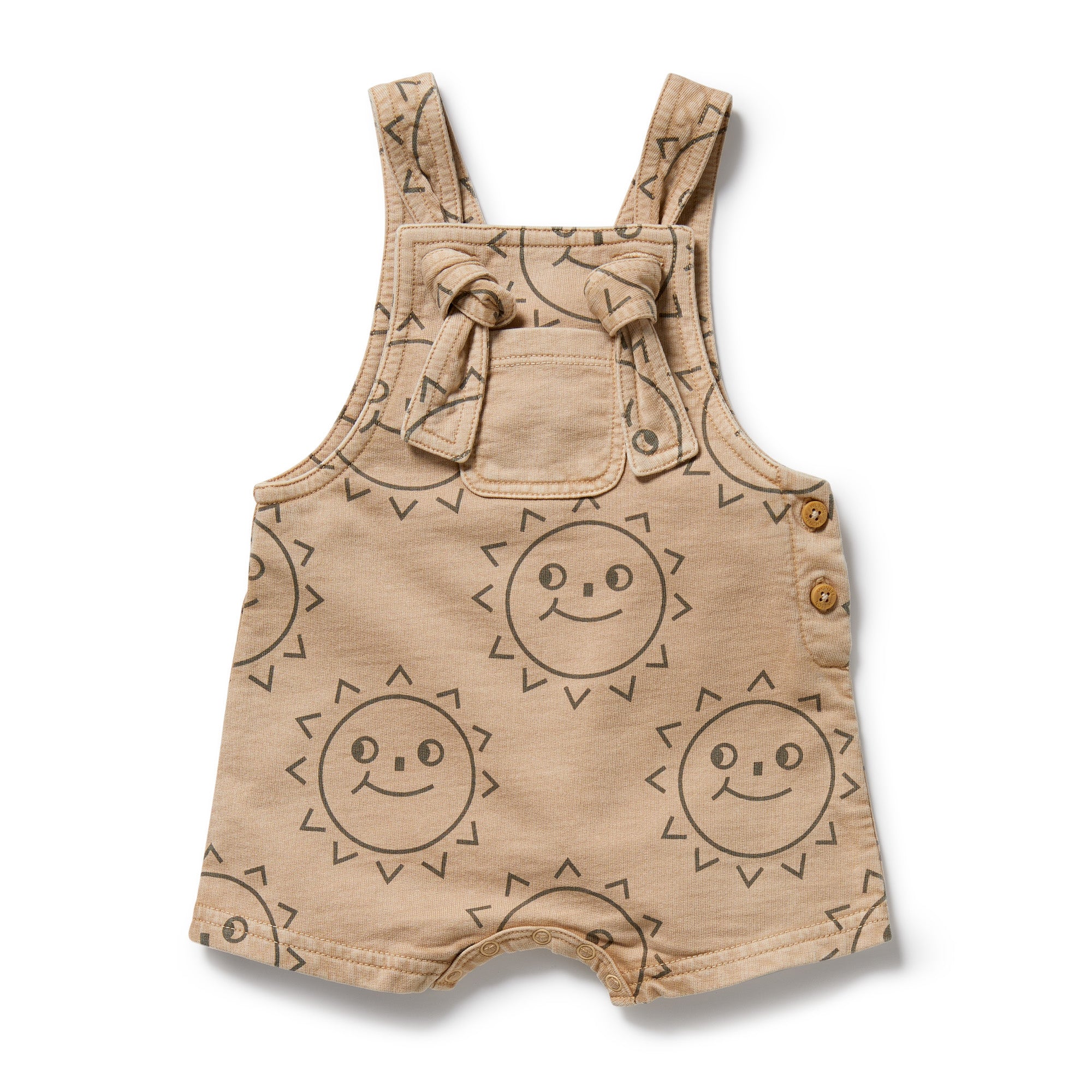 Caramel base with brown sun faces baby overall with tie straps, front pocket and crotch dome opening.  Short legs - Front view
