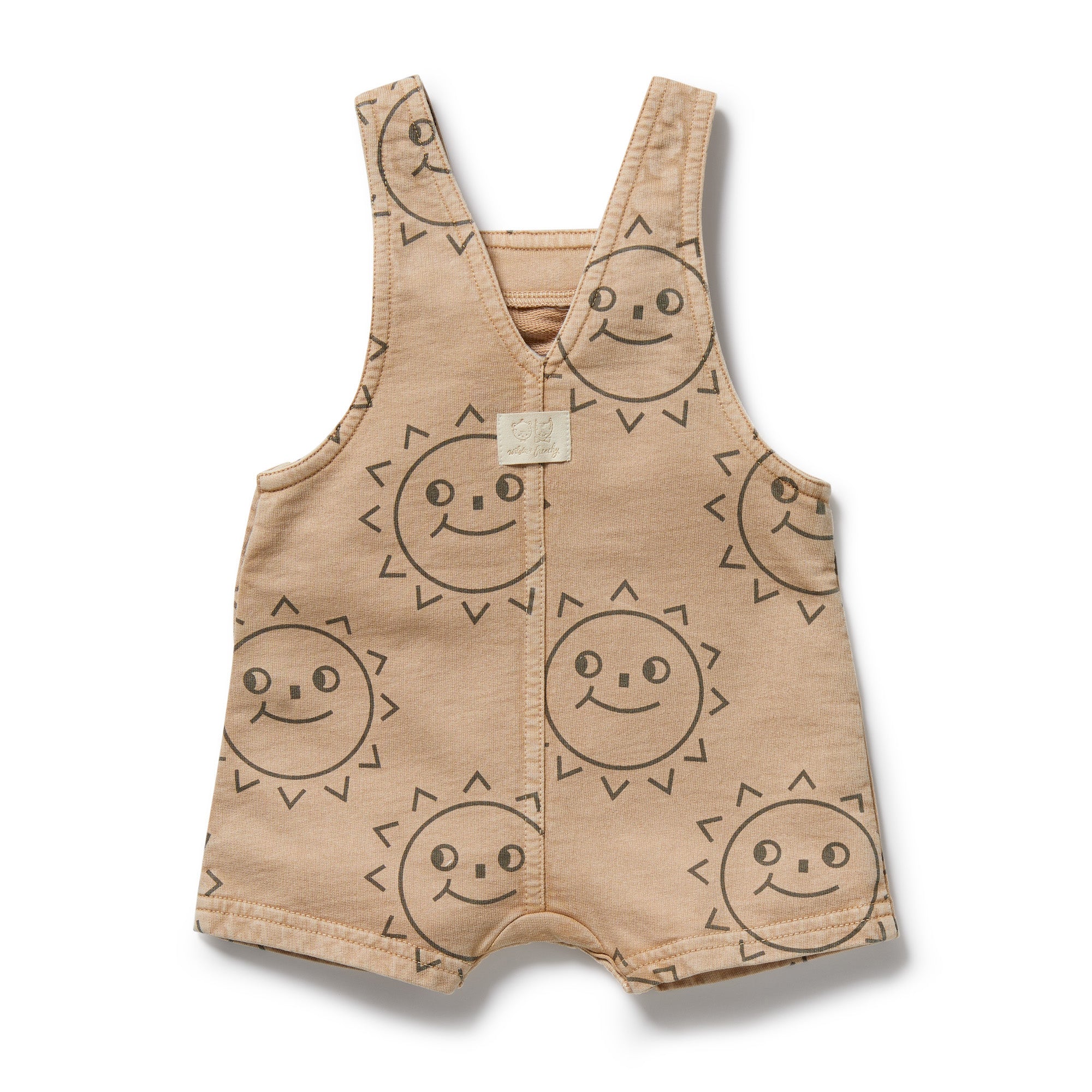 Caramel base with brown sun faces baby overall with tie straps, front pocket and crotch dome opening.  Short legs - Back view