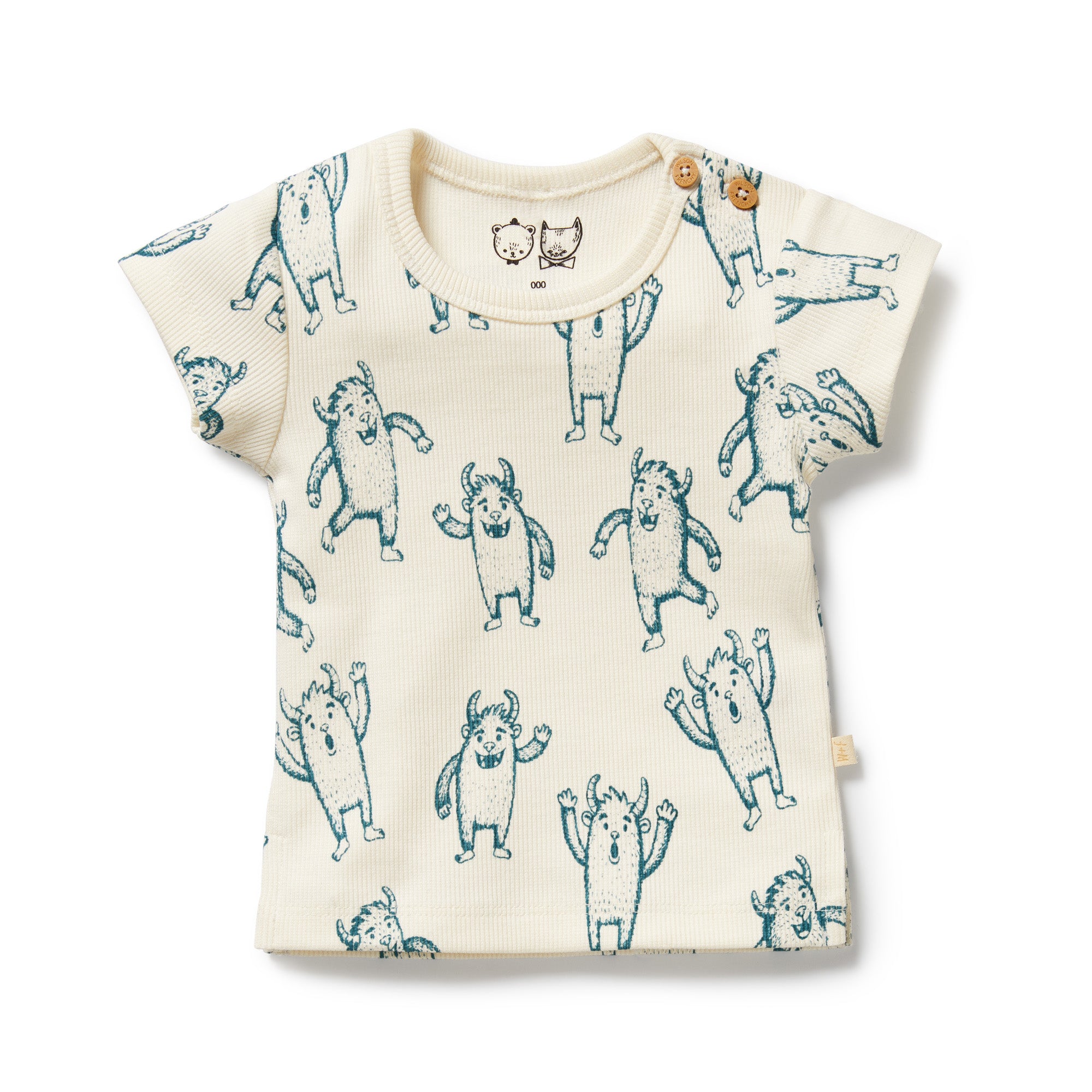 Baby t-shirt with Blue yeti pattern on a natural background  - Front view with button on shoulder