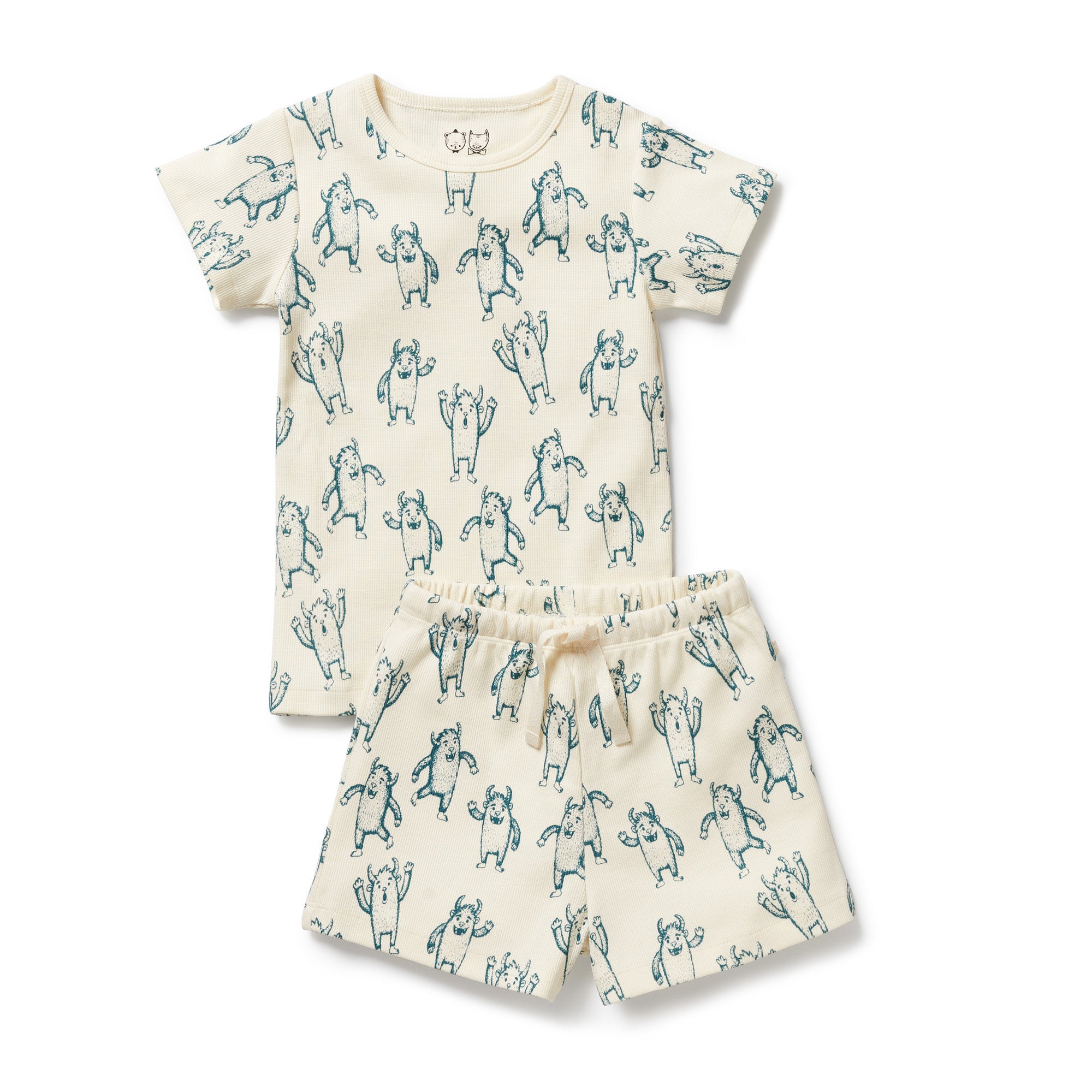 Short sleeved kids pyjamas ith a green yeti pattern on a natural coloured cotton background