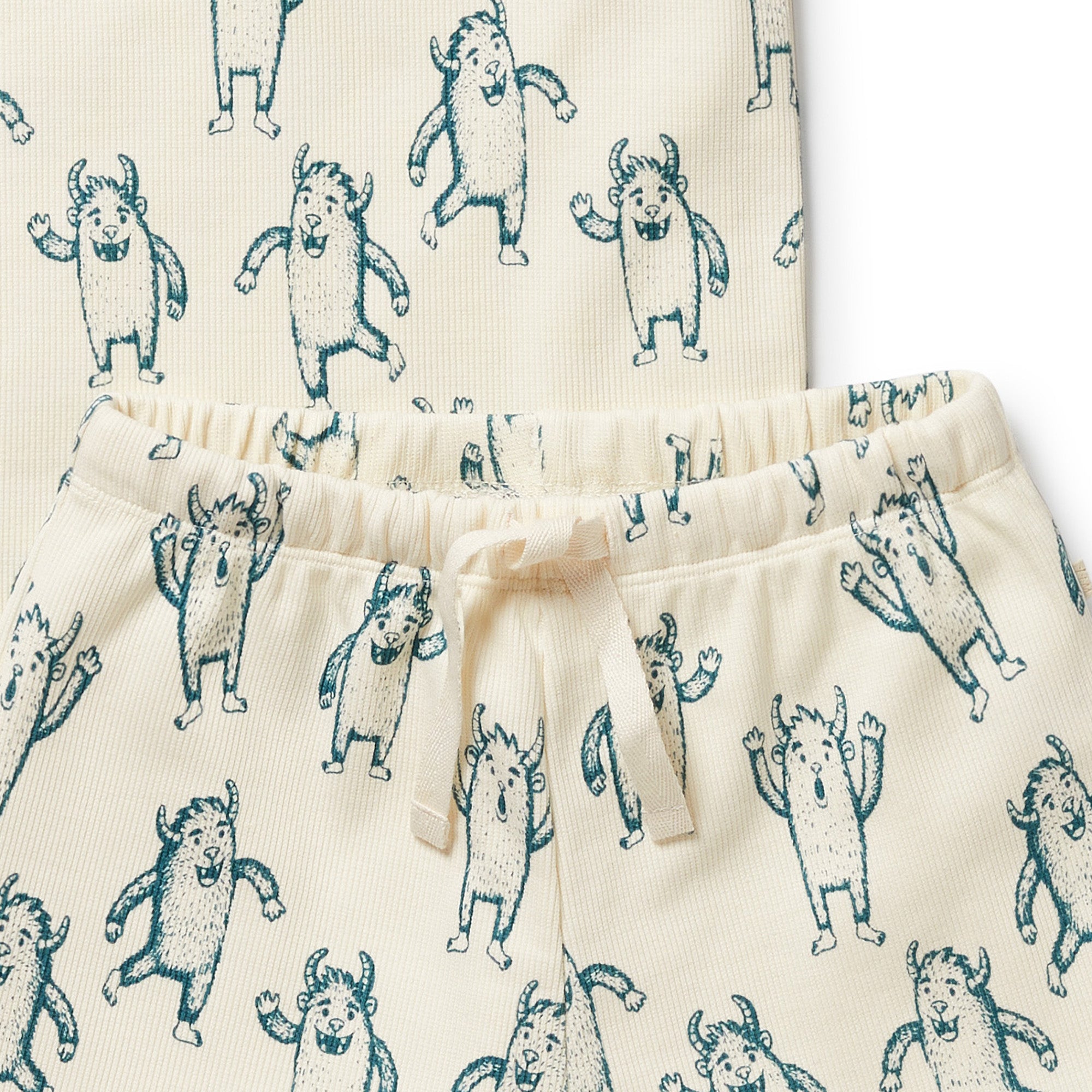 Green yeti pattern on natural background pyjama draw string elasticated waist band