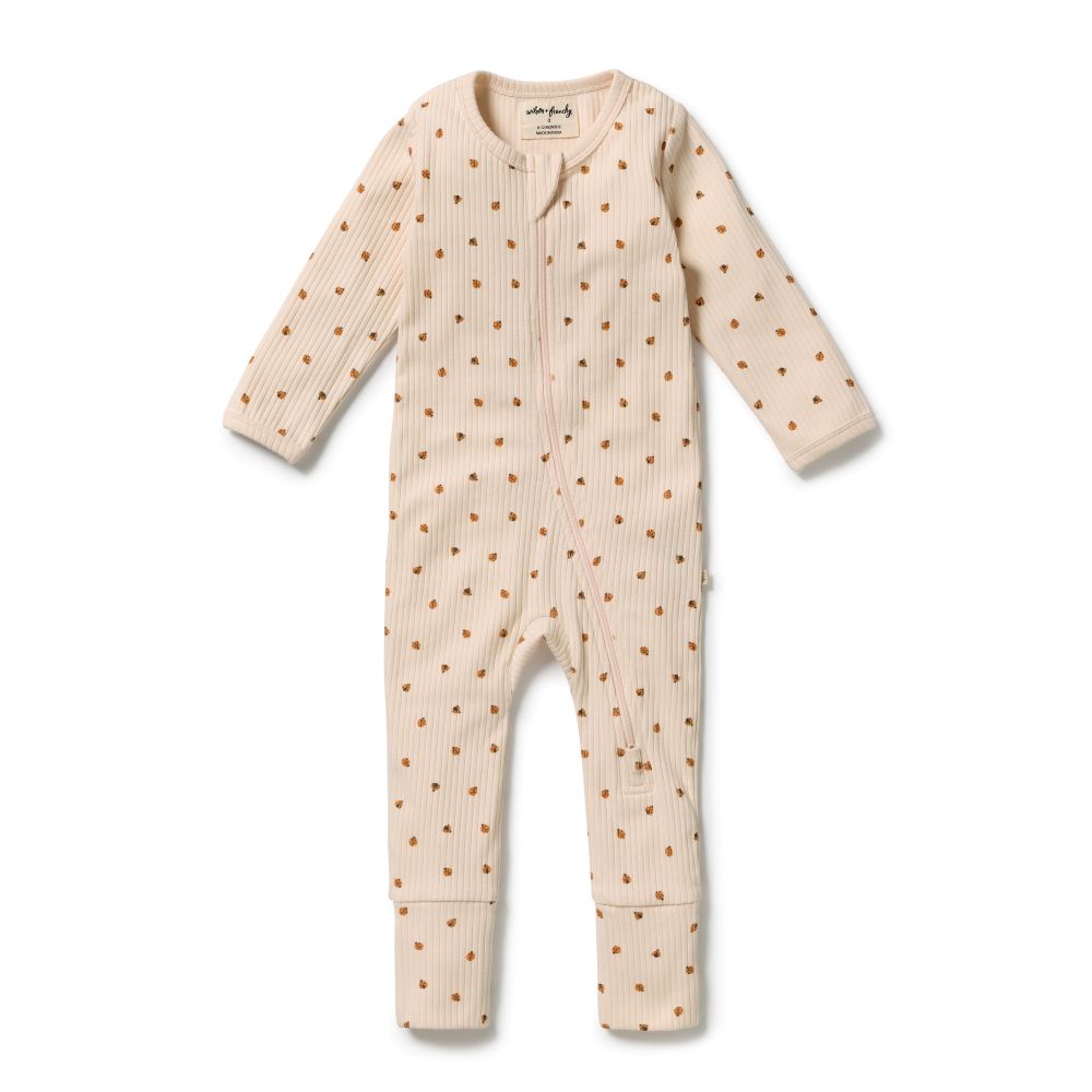 Wilson & Frenchy Zipsuit with Feet in Little Lady Bugs print at Cerise. Wilson & Frenchy Zipsuit with Feet in Little Lady Bugs print at Cerise. This practical footed zipsuit features fold-over mittens (newborn to 000) to protect baby's delicate face, enclosed feet for warmth, and a two-way zip closure for effortless nappy changes.