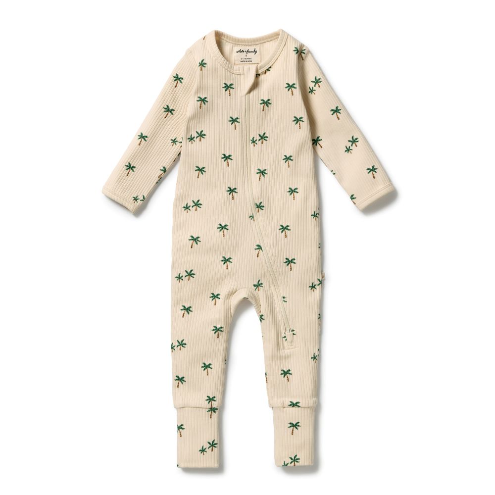 Wilson & frenchy Zipsuit with Feet in Tiny Palm Print at Cerise. This practical footed zipsuit features fold-over mittens (newborn to 000) to protect baby's delicate face, enclosed feet for warmth, and a two-way zip closure for effortless nappy changes.