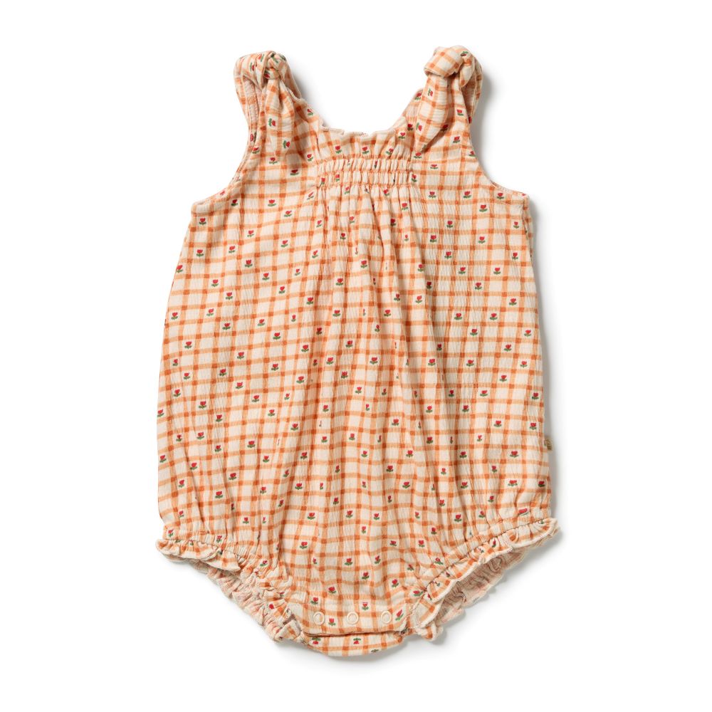 Wilson & frenchy Organic Crinkle Tie Playsuit in Checkerberry Print at Cerise. Mock tie shoulder straps, gentle chest shirring and soft ruffle leg openings add cute details to this easy everyday style.

Practical  snap closures at the crotch make nappy changes quick and simple, making the Checkerberry Playsuit a convenient choice for busy parents.