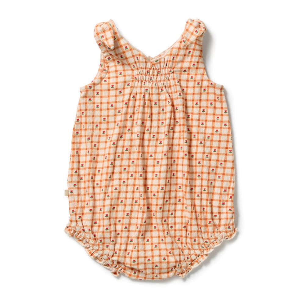 Wilson & frenchy Organic Crinkle Tie Playsuit in Checkerberry Print at Cerise. Mock tie shoulder straps, gentle chest shirring and soft ruffle leg openings add cute details to this easy everyday style.

Practical  snap closures at the crotch make nappy changes quick and simple, making the Checkerberry Playsuit a convenient choice for busy parents.