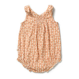 Wilson & frenchy Organic Crinkle Tie Playsuit in Checkerberry Print at Cerise. Mock tie shoulder straps, gentle chest shirring and soft ruffle leg openings add cute details to this easy everyday style.

Practical  snap closures at the crotch make nappy changes quick and simple, making the Checkerberry Playsuit a convenient choice for busy parents.