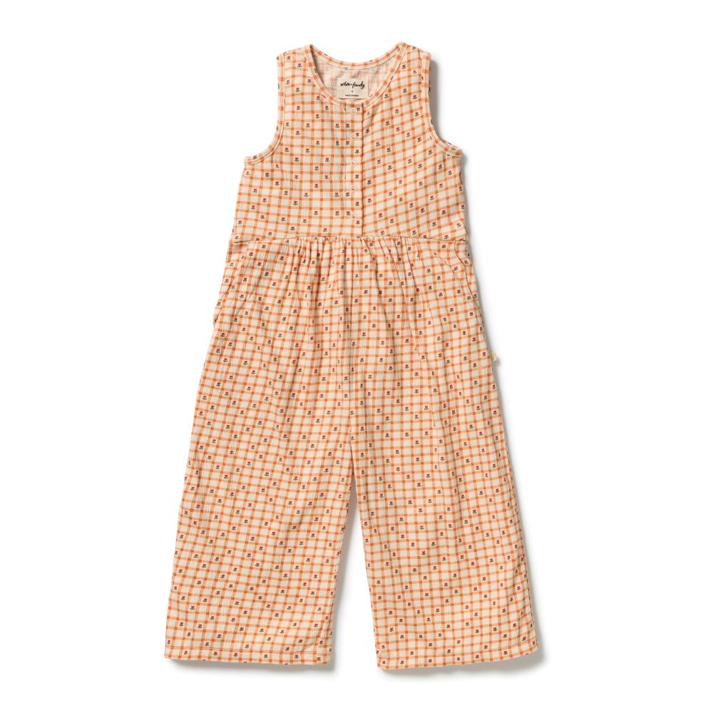 Wilson & Frenchy Organic Crinkle Jumpsuit in Checkerberry Print at Cerise. A practical front snap opening makes getting dressed and changed quick and simple. 