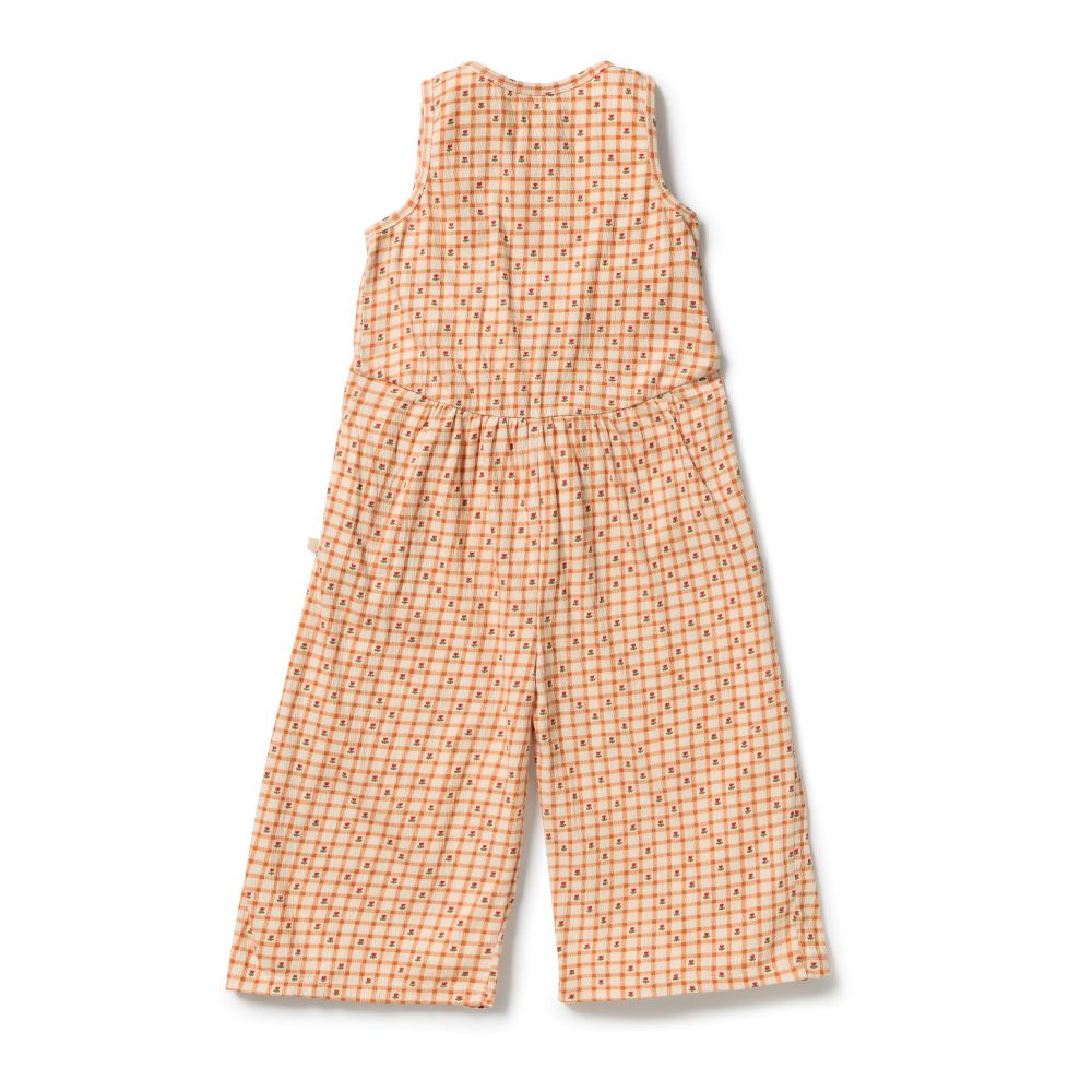 Wilson & Frenchy Organic Crinkle Jumpsuit in Checkerberry Print at Cerise. A practical front snap opening makes getting dressed and changed quick and simple. 