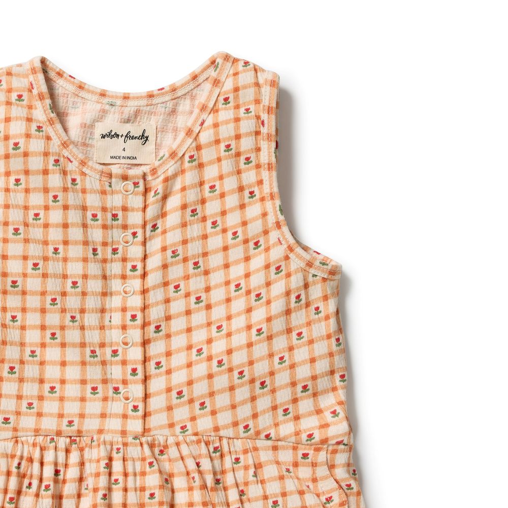 Wilson & Frenchy Organic Crinkle Jumpsuit in Checkerberry Print at Cerise. A practical front snap opening makes getting dressed and changed quick and simple. 