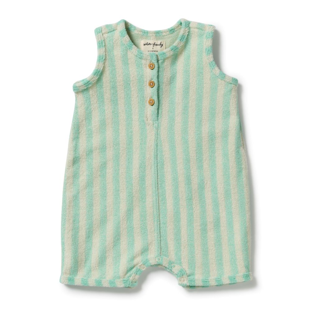 Wilson & Frenchy Seafoam Stripe Organic Terry Growsuit at Cerise. A classic Henley-style button front with mock wood buttons adds a charming, timeless detail. Practical snap closures at the crotch make nappy changes quick and easy, making this baby growsuit a convenient everyday essential for babies on the move.