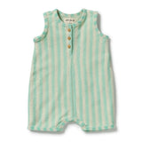 Wilson & Frenchy Seafoam Stripe Organic Terry Growsuit at Cerise. A classic Henley-style button front with mock wood buttons adds a charming, timeless detail. Practical snap closures at the crotch make nappy changes quick and easy, making this baby growsuit a convenient everyday essential for babies on the move.