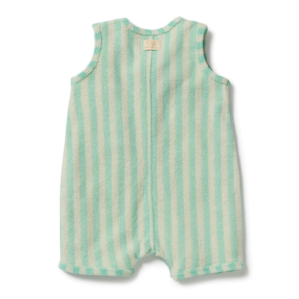 Wilson & Frenchy Seafoam Stripe Organic Terry Growsuit at Cerise. A classic Henley-style button front with mock wood buttons adds a charming, timeless detail. Practical snap closures at the crotch make nappy changes quick and easy, making this baby growsuit a convenient everyday essential for babies on the move.