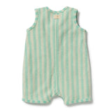 Wilson & Frenchy Seafoam Stripe Organic Terry Growsuit at Cerise. A classic Henley-style button front with mock wood buttons adds a charming, timeless detail. Practical snap closures at the crotch make nappy changes quick and easy, making this baby growsuit a convenient everyday essential for babies on the move.